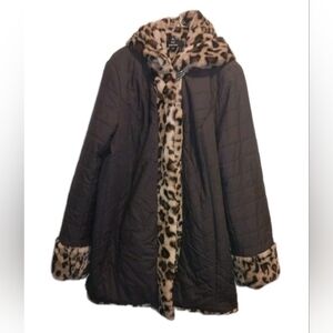 Reversible dennis basso Black Quilted Puffer Coat with Leopard Faux Fur Trim